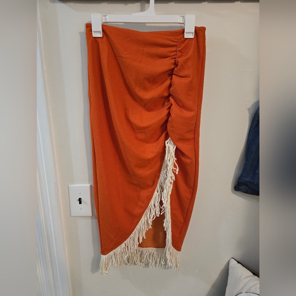 NWOT Orange Midi-skirt with Fringe